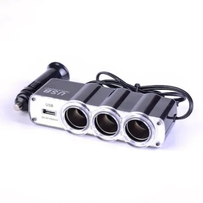 Троен Разклонител за запалка, 12V, с USB 5V и кабел